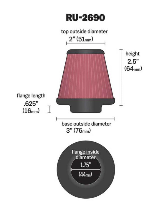 K&amp;N Filter Universal Rubber Filter 1 3/4 inch Flange 3 inch Base 2 inch Top 2.5 inch Height