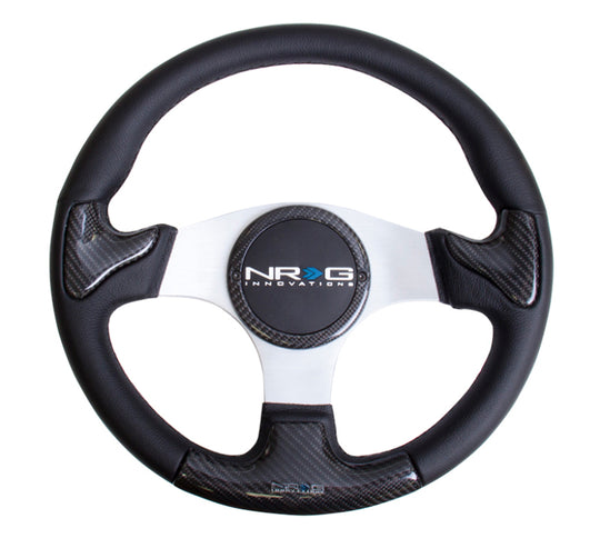 NRG Carbon Fiber Steering Wheel (350mm) Silver Frame Blk Stitching w/Rubber Cover Horn Button