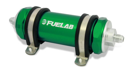 Fuelab 858 In-Line Fuel Filter Long -8AN In/Out 10 Micron Fabric w/Check Valve - Green