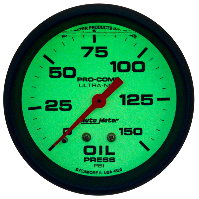 Autometer Ultra-Nite 2-5/8in 0-150 PSI Liquid Filled Mechanical Glow In Dark Oil Pressure Gauge