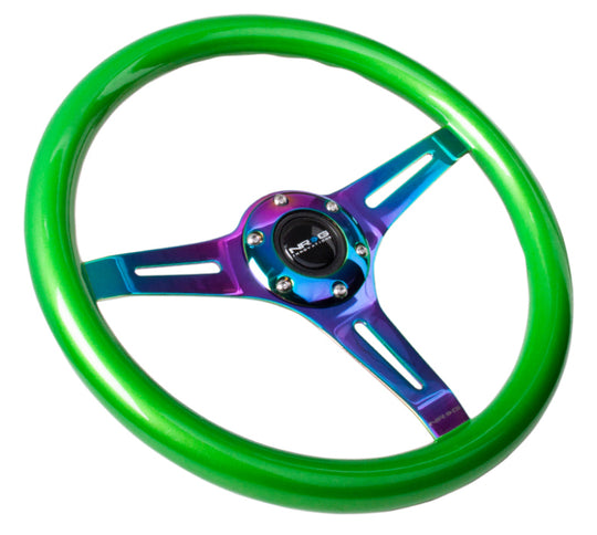 NRG Classic Wood Grain Steering Wheel (350mm) Green Pearl/Flake Paint w/Neochrome 3-Spoke Center