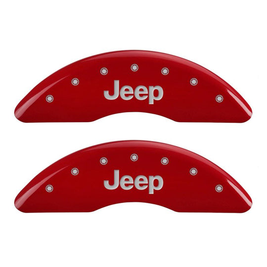 MGP 4 Caliper Covers Engraved Front JEEP Engraved Rear JEEP Grill logo Red finish silver ch